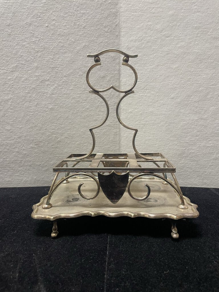 Antique Four Piece Cut Glass Condiment Set On Silver Plated Caddy