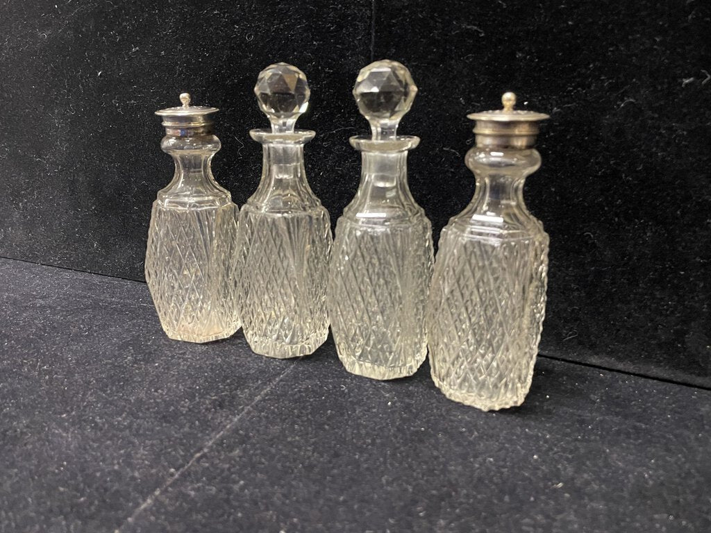 Antique Four Piece Cut Glass Condiment Set On Silver Plated Caddy