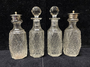 Antique Four Piece Cut Glass Condiment Set On Silver Plated Caddy