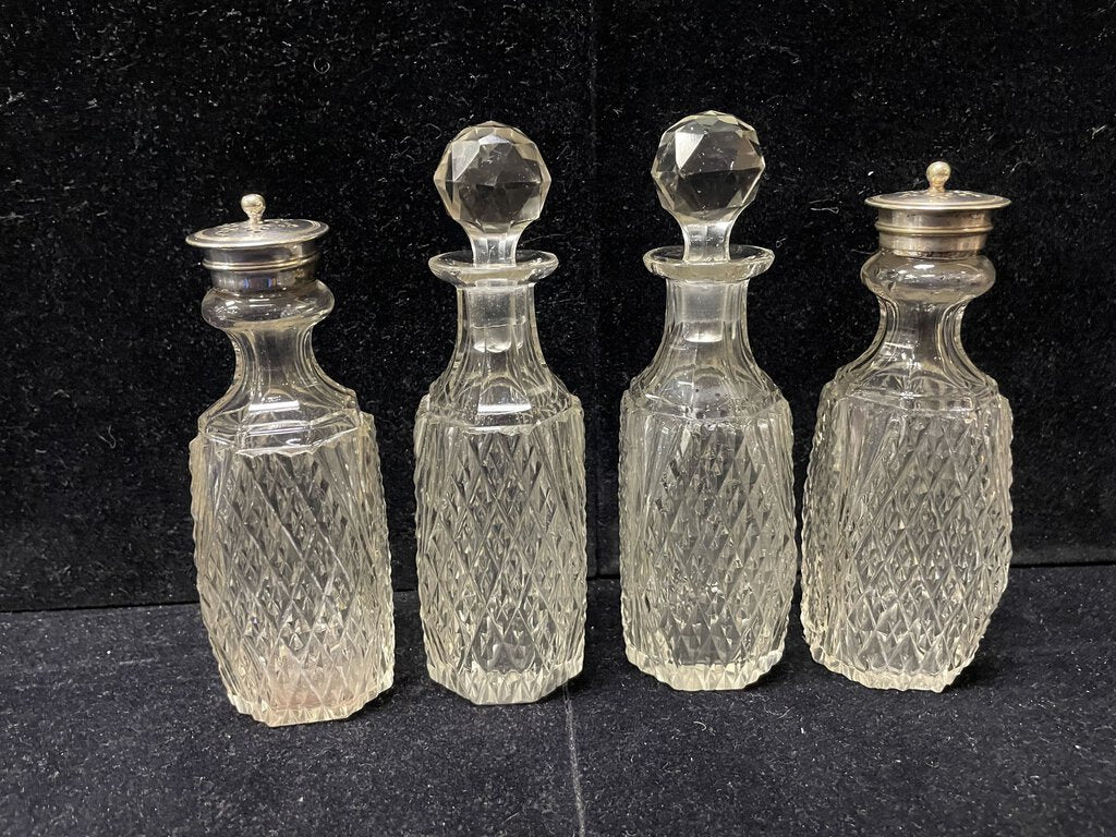 Antique Four Piece Cut Glass Condiment Set On Silver Plated Caddy