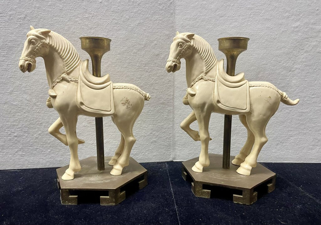 Vintage Sigma Taste Setters 10" Asian Style Horse Brass and Resin Cast Candle Holders (PAIR)