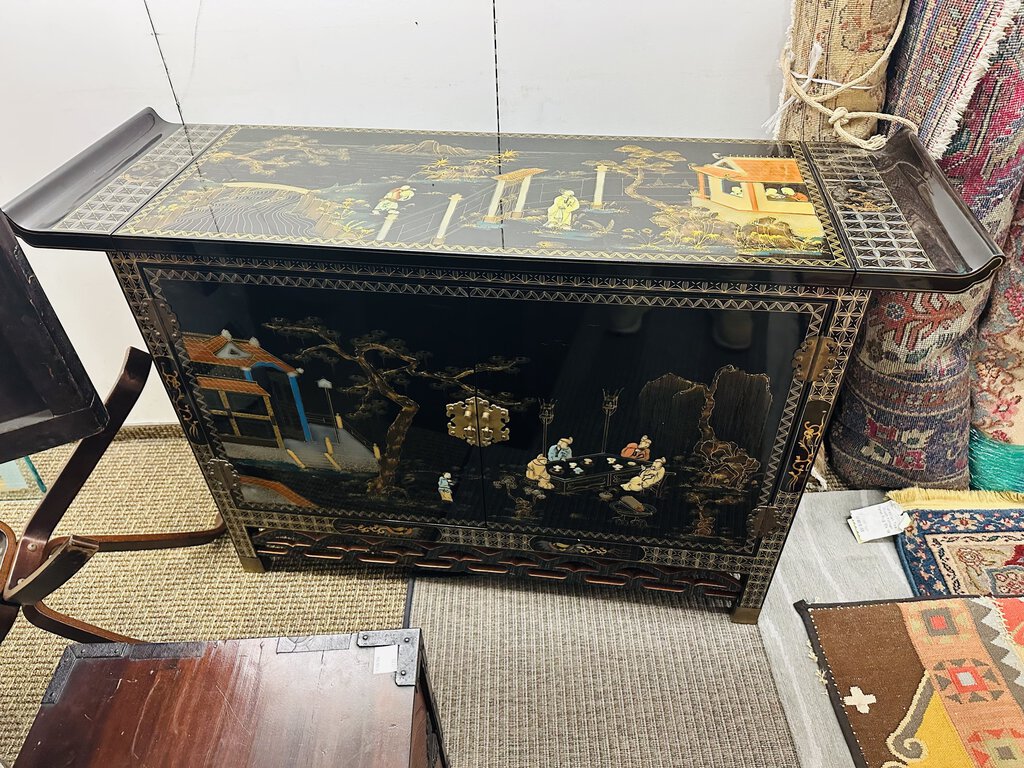 Black Lacquer Mother of Pearl Chinoiserie Bar Cabinet