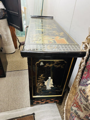 Black Lacquer Mother of Pearl Chinoiserie Bar Cabinet