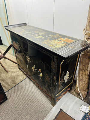 Black Lacquer Mother of Pearl Chinoiserie Bar Cabinet