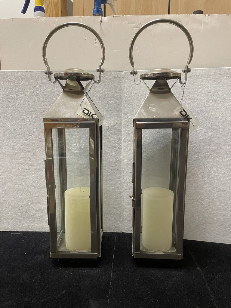 DK Living Polished Stainless Steel and Glass Candle Lanterns 24" (PAIR)