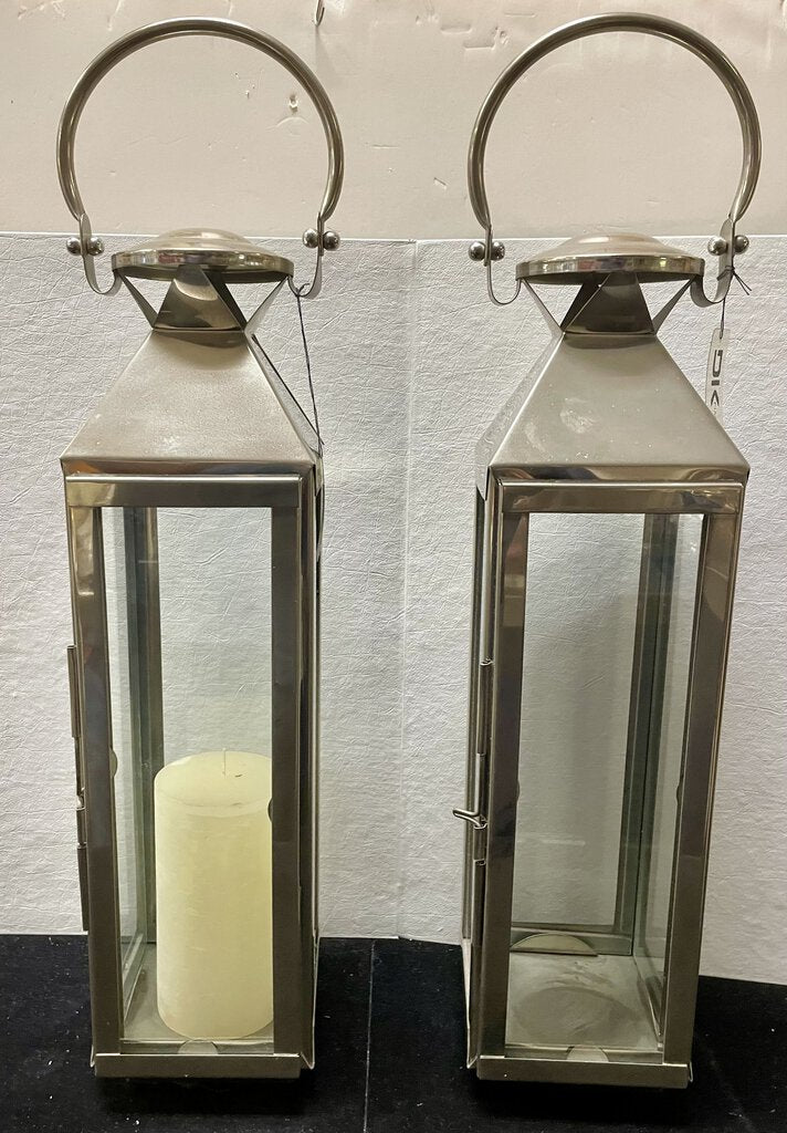 DK Living Polished Stainless Steel and Glass Candle Lanterns 24" (PAIR)