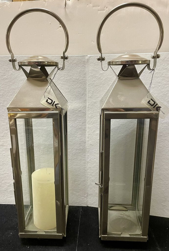 DK Living Polished Stainless Steel and Glass Candle Lanterns 24" (PAIR)