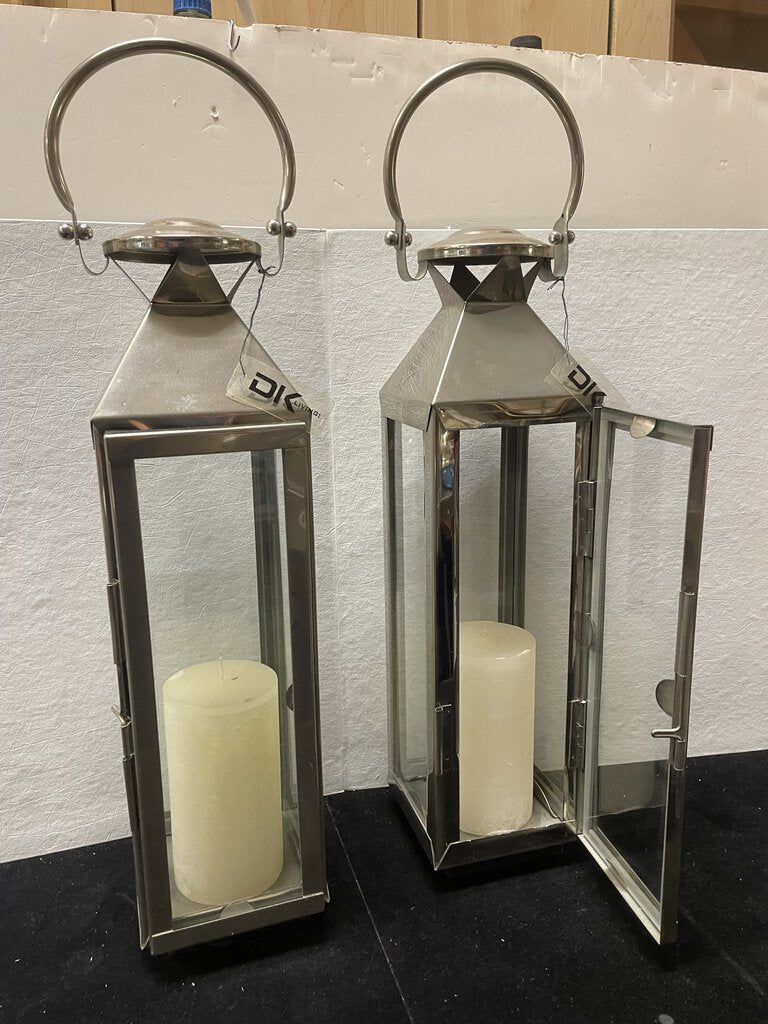 DK Living Polished Stainless Steel and Glass Candle Lanterns 24" (PAIR)