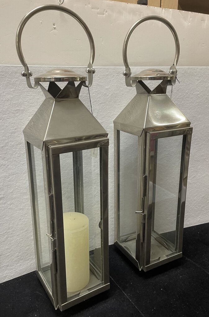 DK Living Polished Stainless Steel and Glass Candle Lanterns 24" (PAIR)