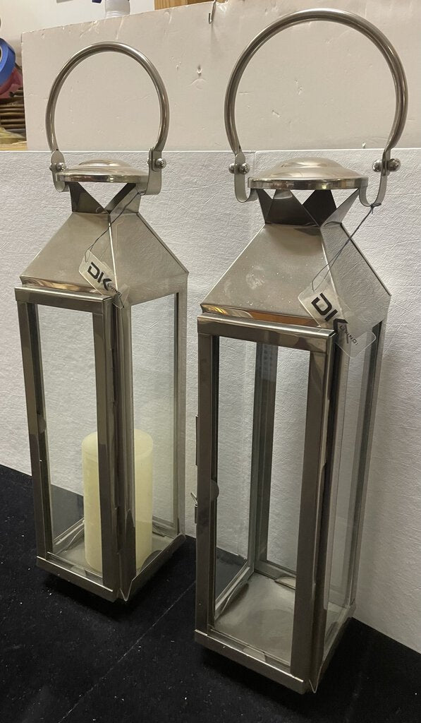 DK Living Polished Stainless Steel and Glass Candle Lanterns 24" (PAIR)