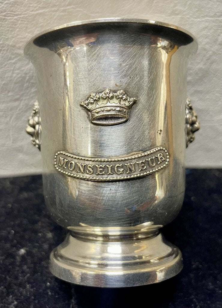 Vintage Monseigneur Silver Plate Crown and Lions Head 2oz. Cup w/ Spoon