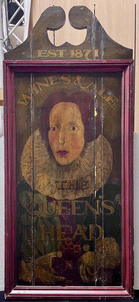 Antique English Pub Sign The Queen's Head Wines and Ales Est. 1871