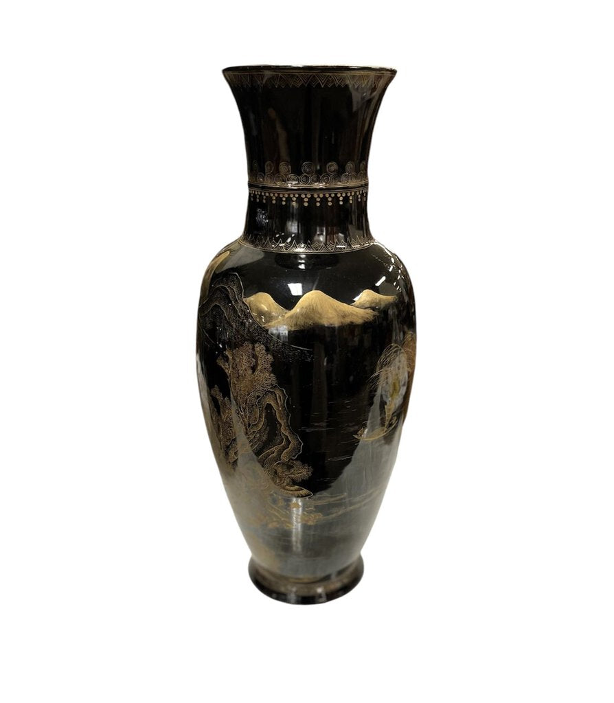 Black & Gold Vase Painted Mountain Village Motif