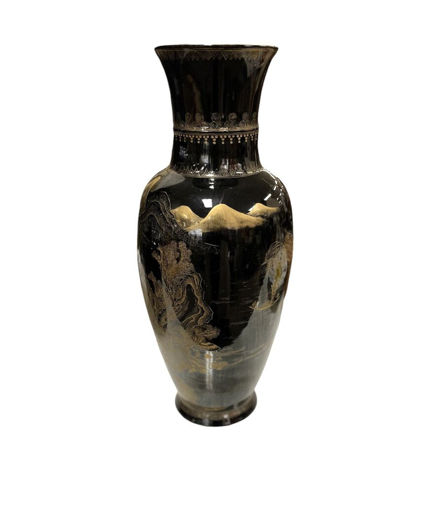 Black & Gold Vase Painted Mountain Village Motif