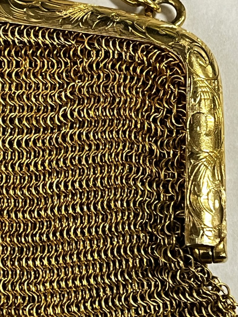 Edwardian Era Gilded German Silver Soldered Mesh Purse 194.2g Sapphire Kiss Clasp