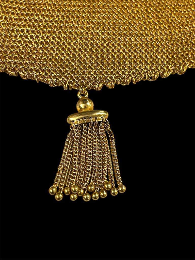 Victorian Era 14K Gold Mesh Purse Sapphire Cabochon Gold Bead Tassel 87.3g