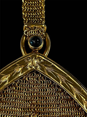 Victorian Era 14K Gold Mesh Purse Sapphire Cabochon Gold Bead Tassel 87.3g