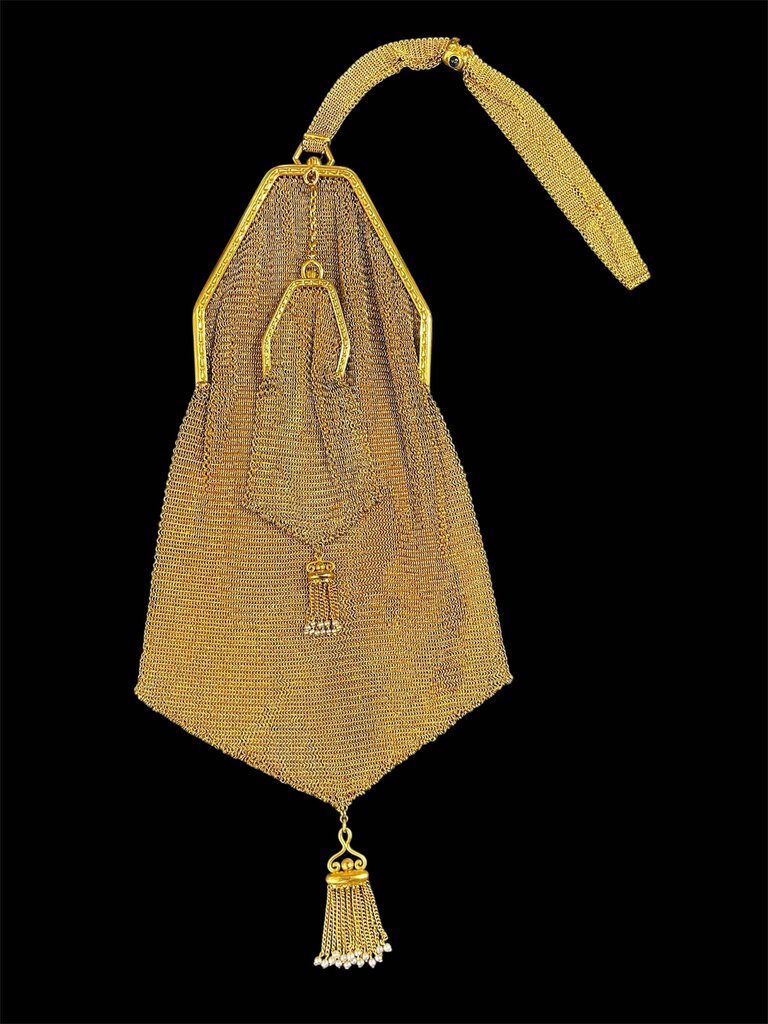 Victorian Era 14K Gold Mesh Purse & Chatelaine Seed Pearls Sapphires 180.6g 16 x 7. Mint condition.