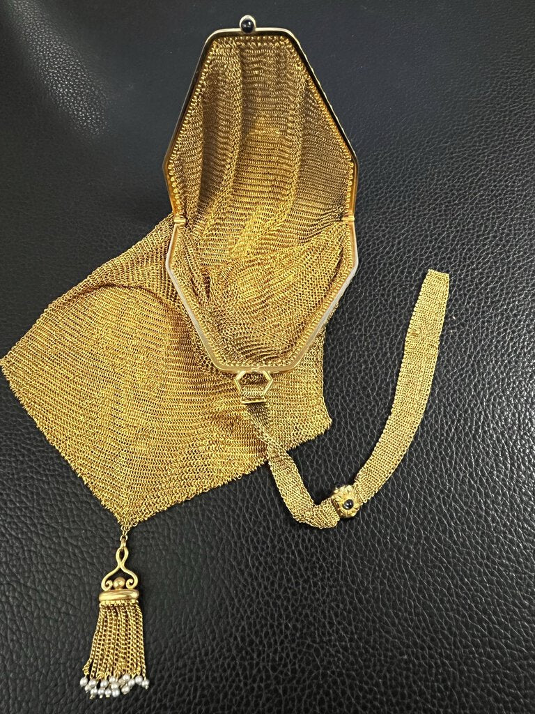 Victorian Era 14K Gold Mesh Purse & Chatelaine Seed Pearls Sapphires 180.6g 16 x 7. Mint condition.