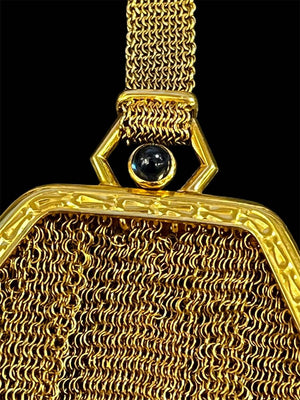 Victorian Era 14K Gold Mesh Purse & Chatelaine Seed Pearls Sapphires 180.6g 16 x 7. Mint condition.