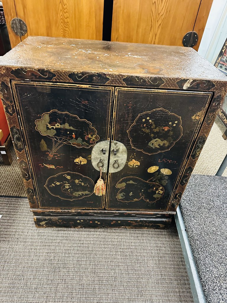 3rd quarter 19th century, vernacular style, black lacquered and hand painted, double door cabinet from Japan.