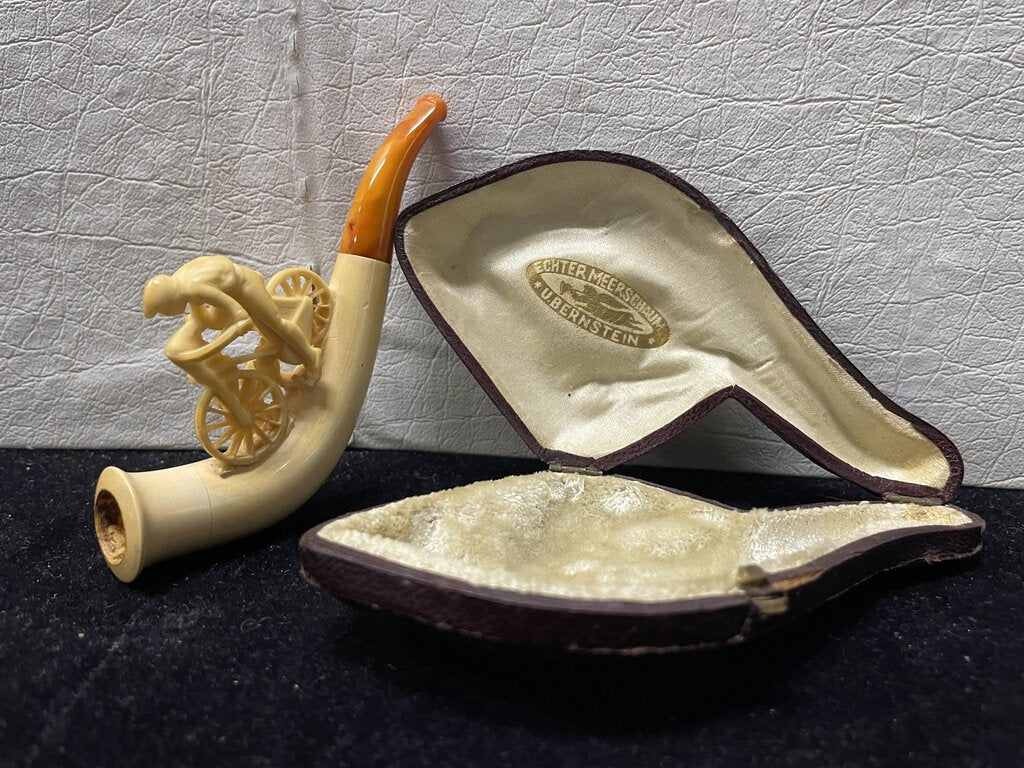 Early 20th C.U. Bernstein Echter Meerschaum Bone Bicycle Rider Pipe in Case