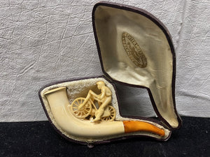 Early 20th C.U. Bernstein Echter Meerschaum Bone Bicycle Rider Pipe in Case