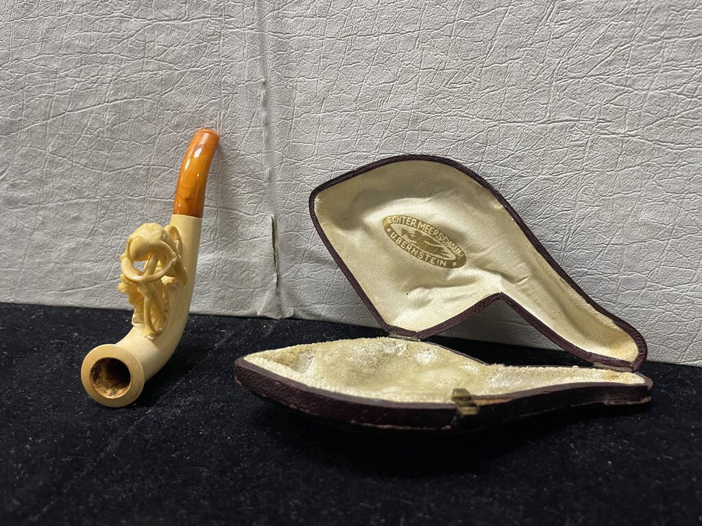 Early 20th C.U. Bernstein Echter Meerschaum Bone Bicycle Rider Pipe in Case