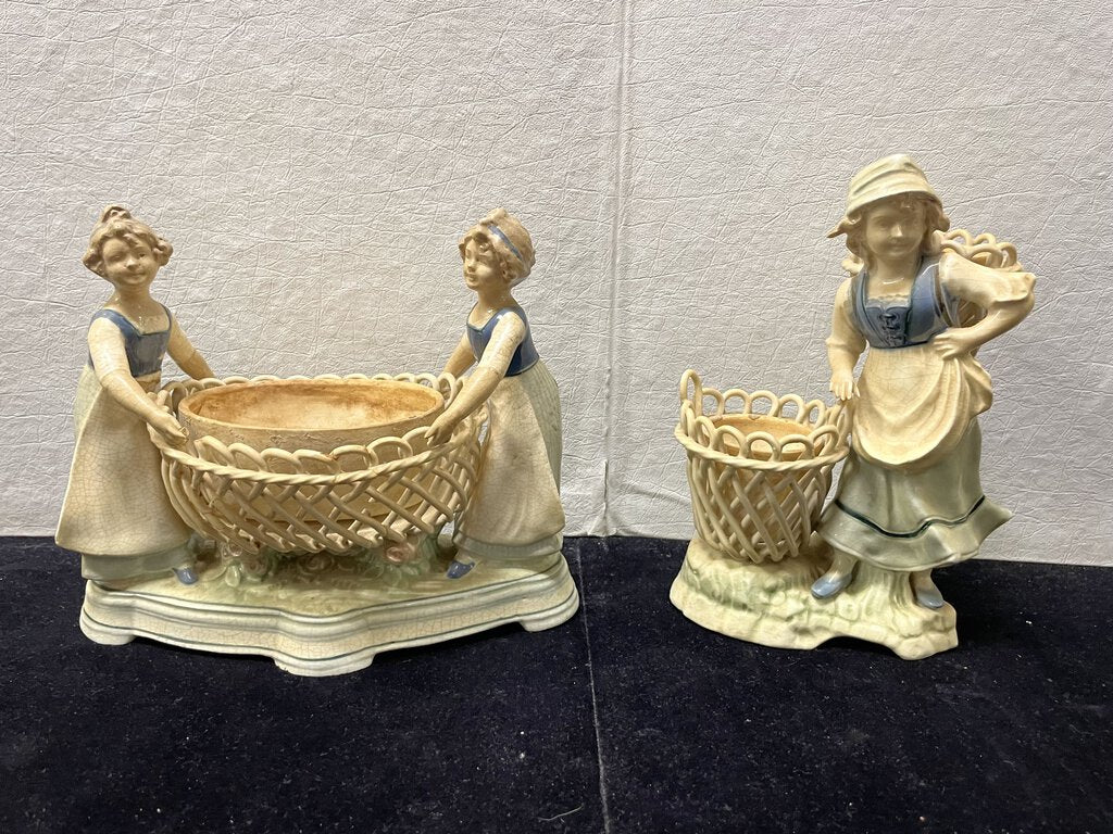 Vintage 20's Austrian Porcelain Women with Baskets Figurines (PAIR)