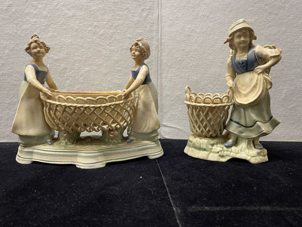 Vintage 20's Austrian Porcelain Women with Baskets Figurines (PAIR)