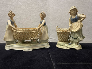 Vintage 20's Austrian Porcelain Women with Baskets Figurines (PAIR)