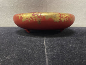 Asian Style Footed Red Lacquered Gold Floral Painted Bowl