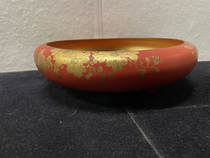 Asian Style Footed Red Lacquered Gold Floral Painted Bowl