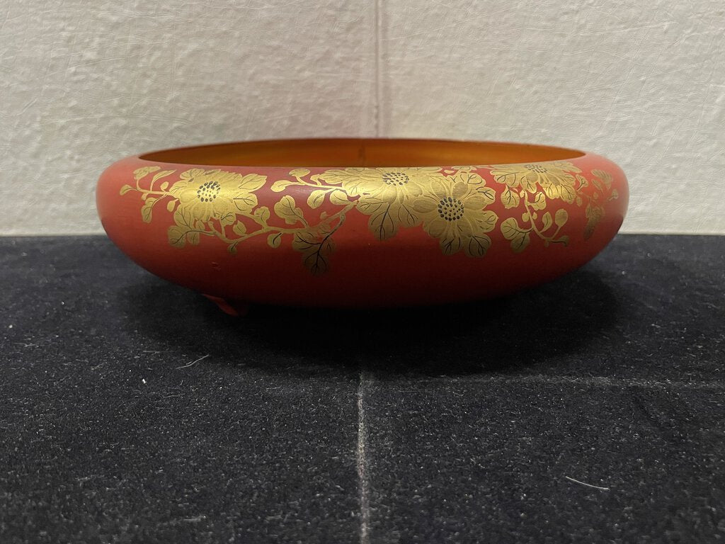 Asian Style Footed Red Lacquered Gold Floral Painted Bowl