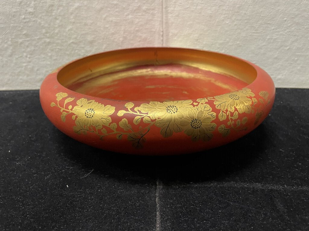 Asian Style Footed Red Lacquered Gold Floral Painted Bowl