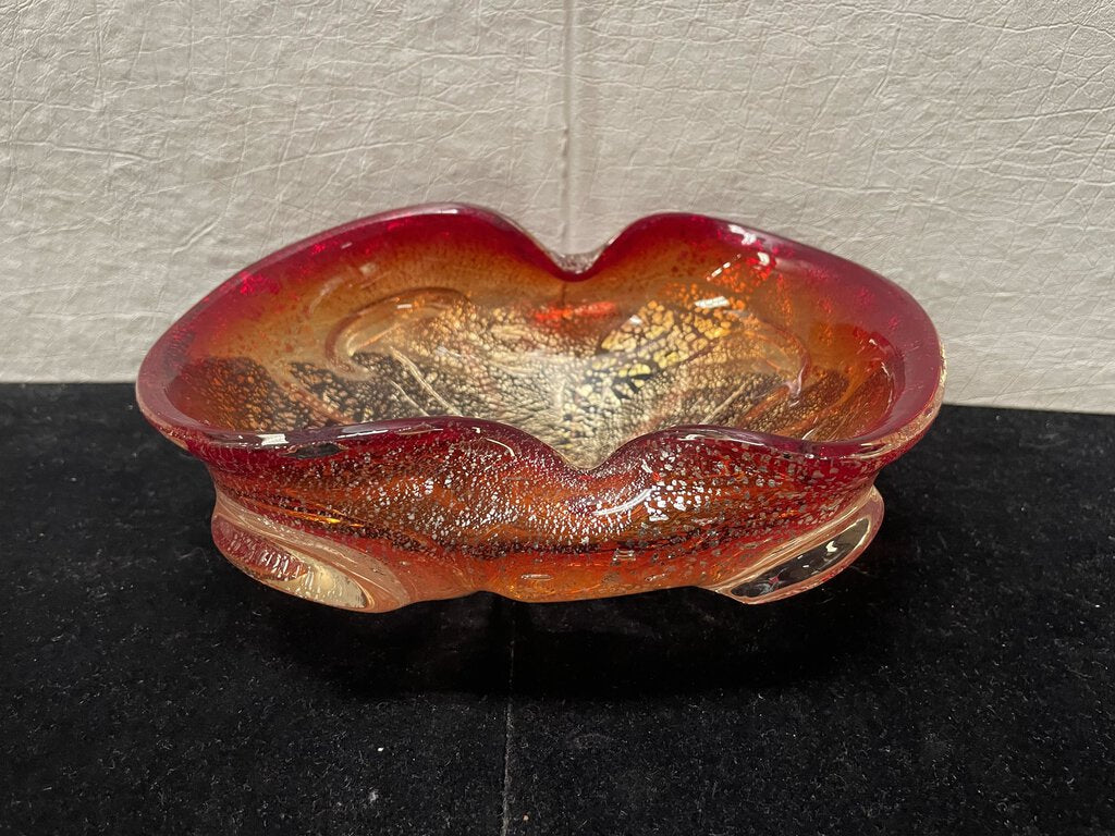 Red and Silver Leaf Blown Glass Sculptural Bowl Unknown Artist