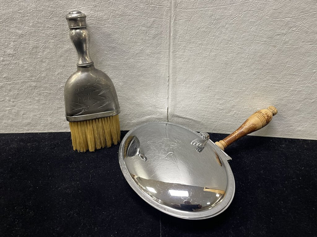 Krome Kraft Faber Brothers Nickle Plate Steel Butlers Crumb Catcher w/ Vintage Flask Crumb Brush