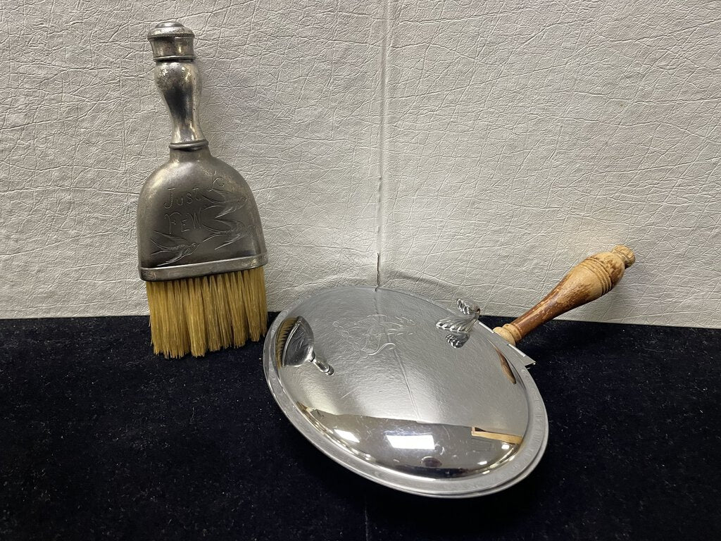 Krome Kraft Faber Brothers Nickle Plate Steel Butlers Crumb Catcher w/ Vintage Flask Crumb Brush