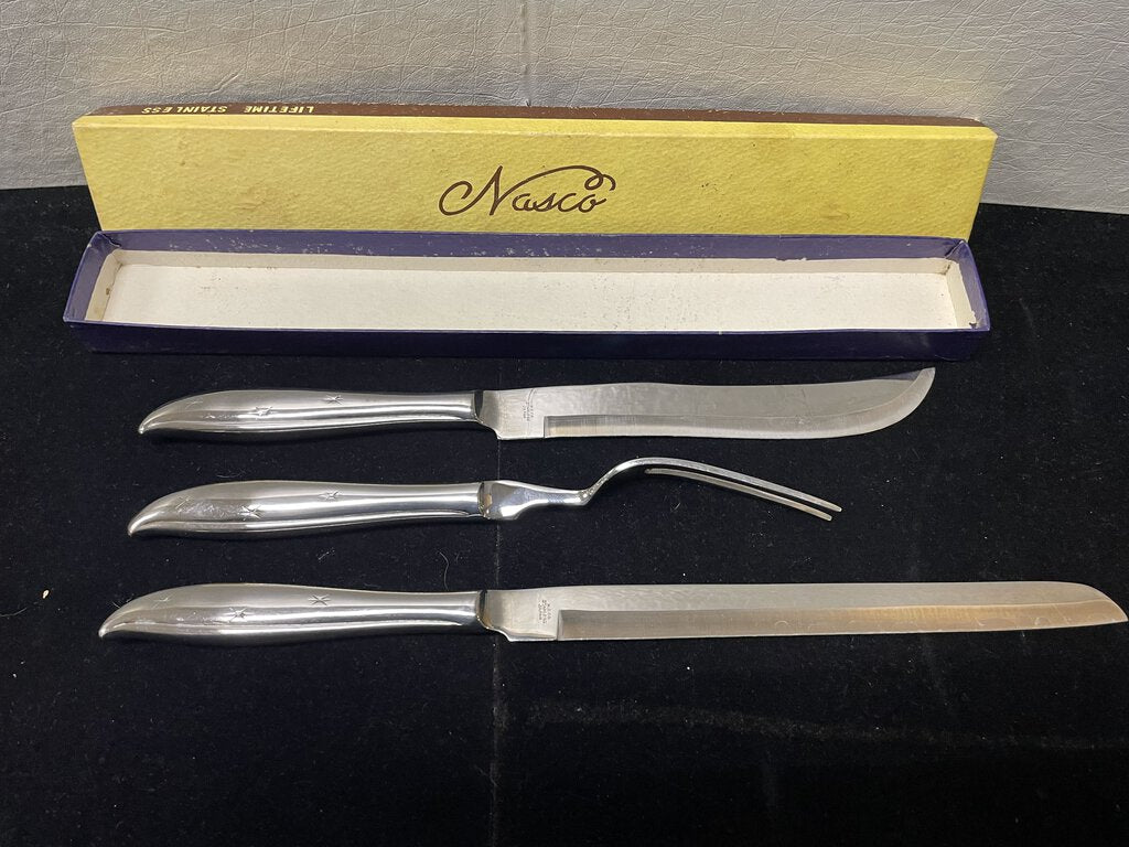 Vintage Nasco Japanese Polished Stainless Steel 3Pcs Carving Knife Set in Box