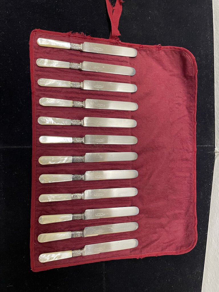 Vintage Landers Frary Clark Sterling Banded Mother of Pearl Dinner Knife Set in Case (12 Pcs Set)