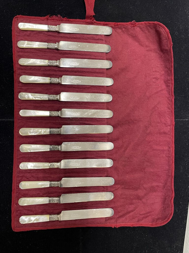 Vintage Landers Frary Clark Sterling Banded Mother of Pearl Dinner Knife Set in Case (12 Pcs Set)