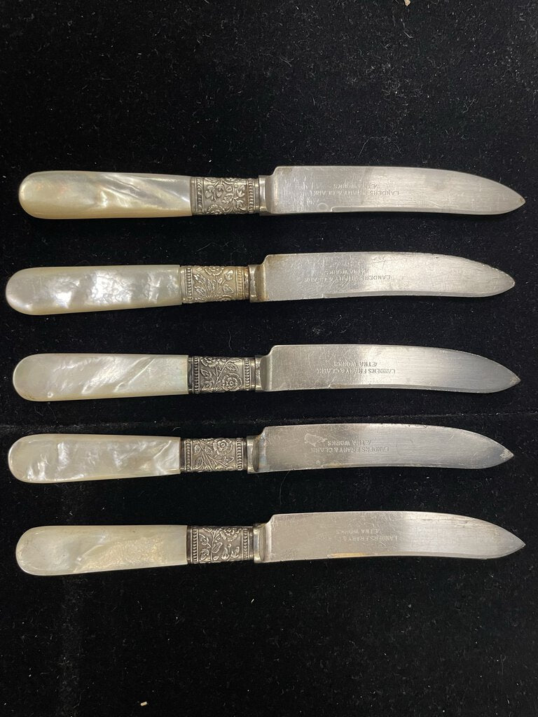 Vintage Landers Frary Clark Sterling Banded Mother of Pearl Fruit Knife Set in Box (5 Pcs Set)