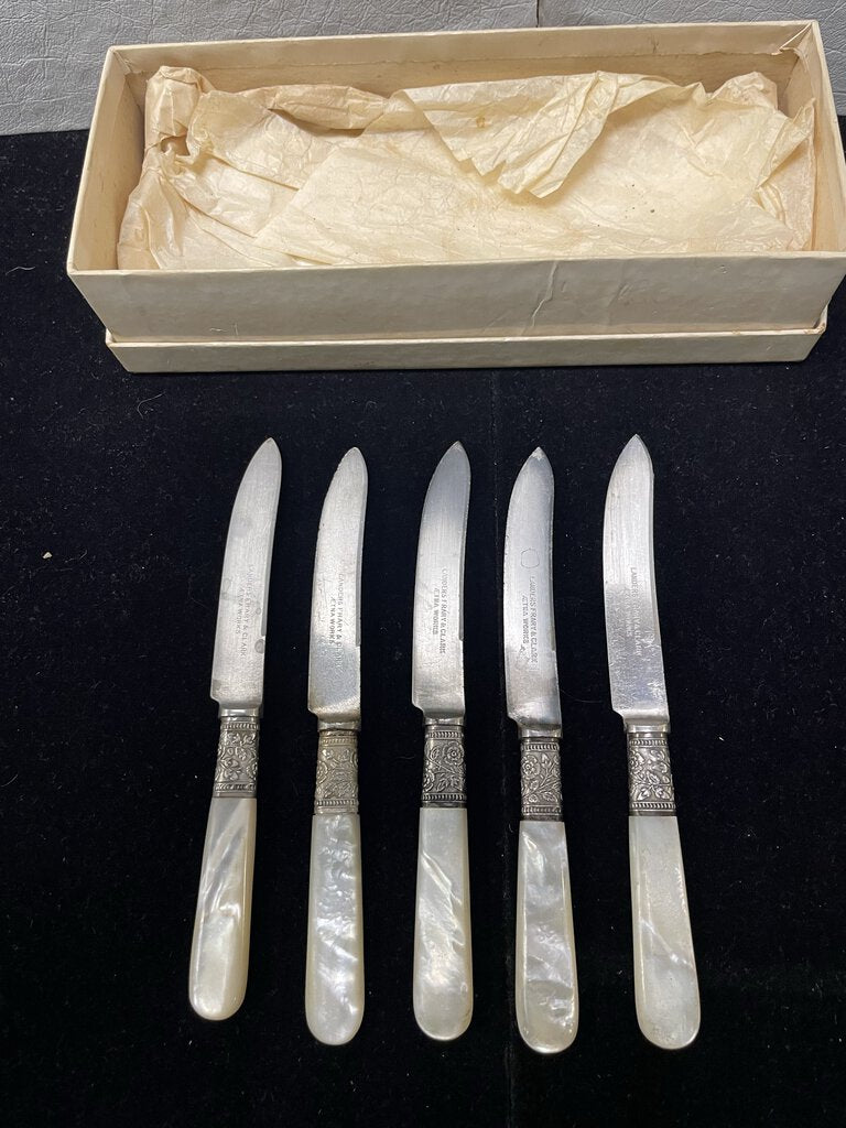 Vintage Landers Frary Clark Sterling Banded Mother of Pearl Fruit Knife Set in Box (5 Pcs Set)