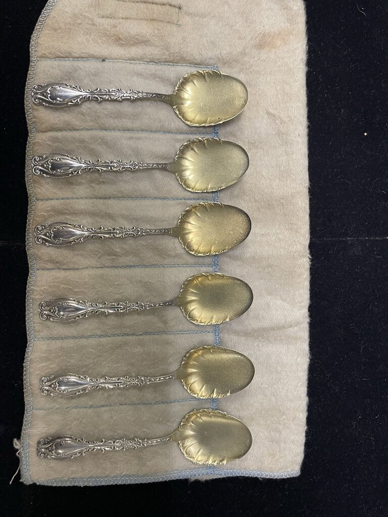 Frank Whiting 1896 Gold Washed Sterling Josephine Pattern Ice Cream Dessert Spoons (6Pcs in Case)