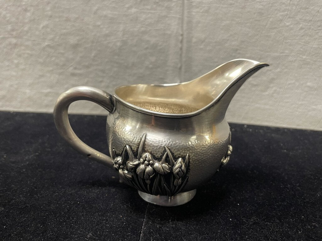 Late 19th C. Meiji Era Hammered Sterling Silver Iris Motif Footed Creamer