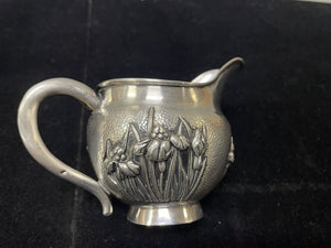 Late 19th C. Meiji Era Hammered Sterling Silver Iris Motif Footed Creamer