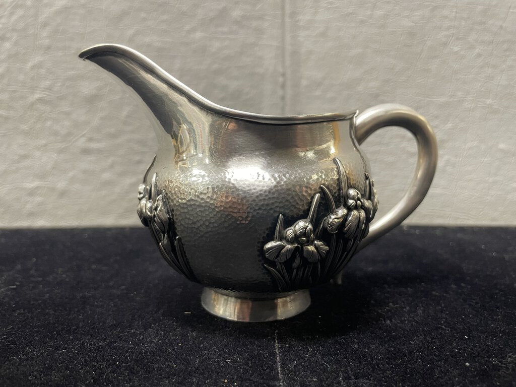 Late 19th C. Meiji Era Hammered Sterling Silver Iris Motif Footed Creamer