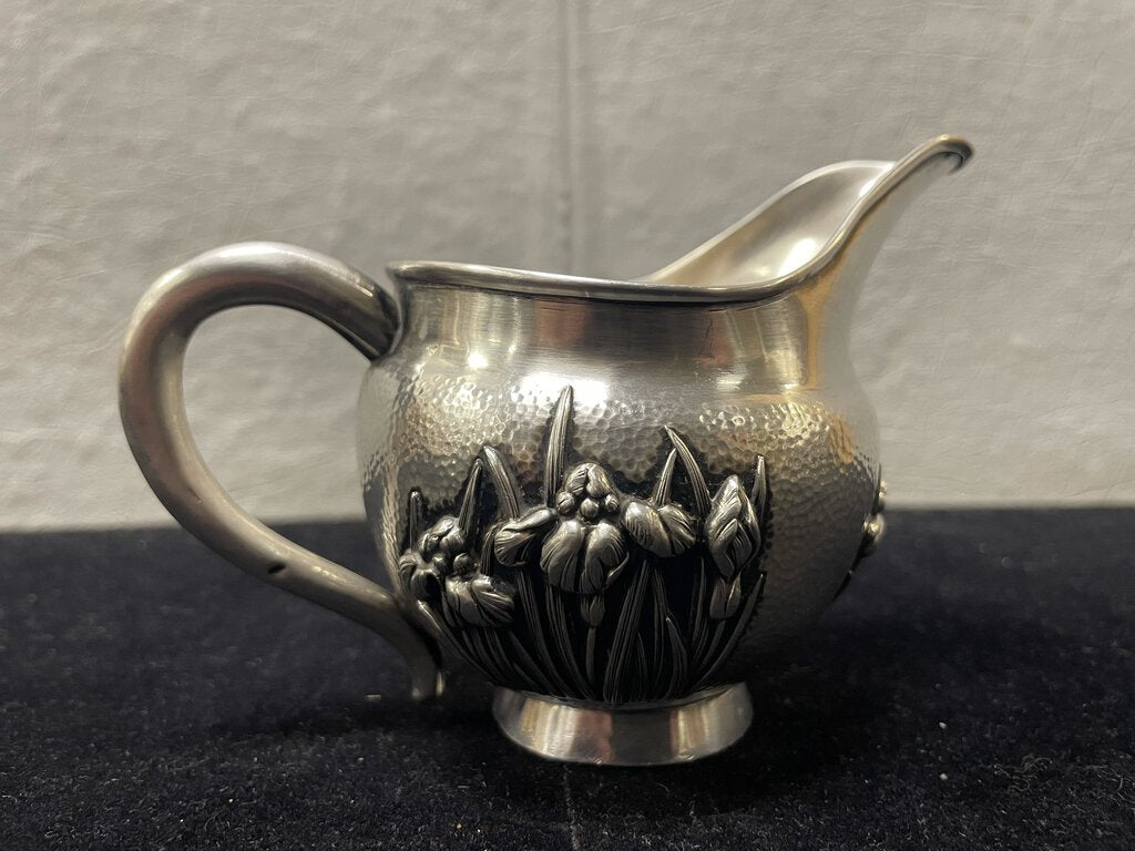 Late 19th C. Meiji Era Hammered Sterling Silver Iris Motif Footed Creamer