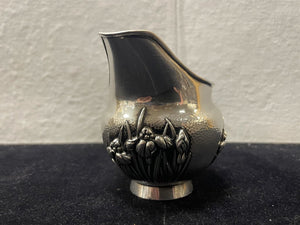 Late 19th C. Meiji Era Hammered Sterling Silver Iris Motif Footed Creamer