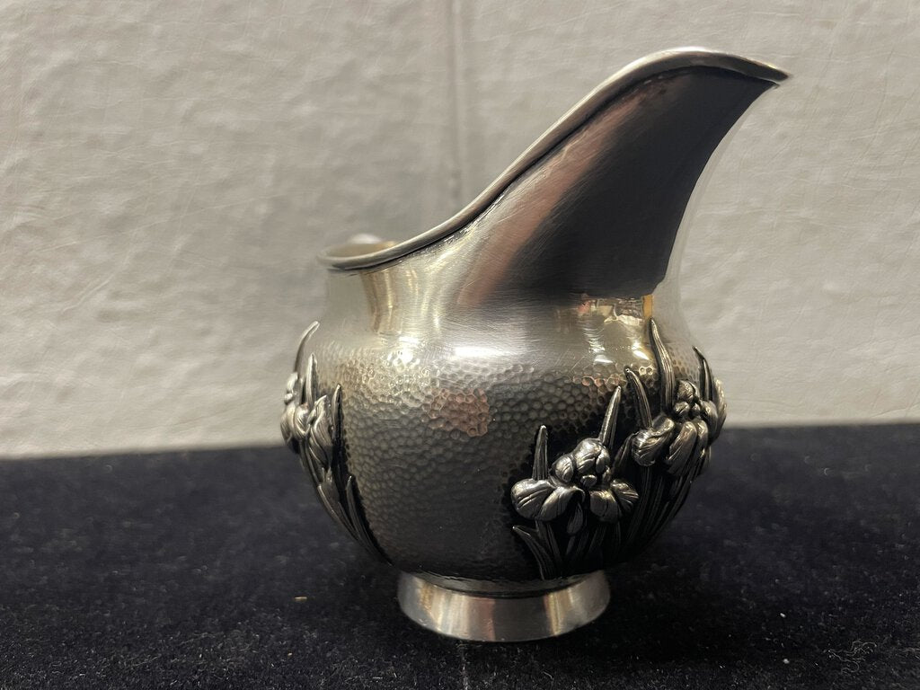 Late 19th C. Meiji Era Hammered Sterling Silver Iris Motif Footed Creamer